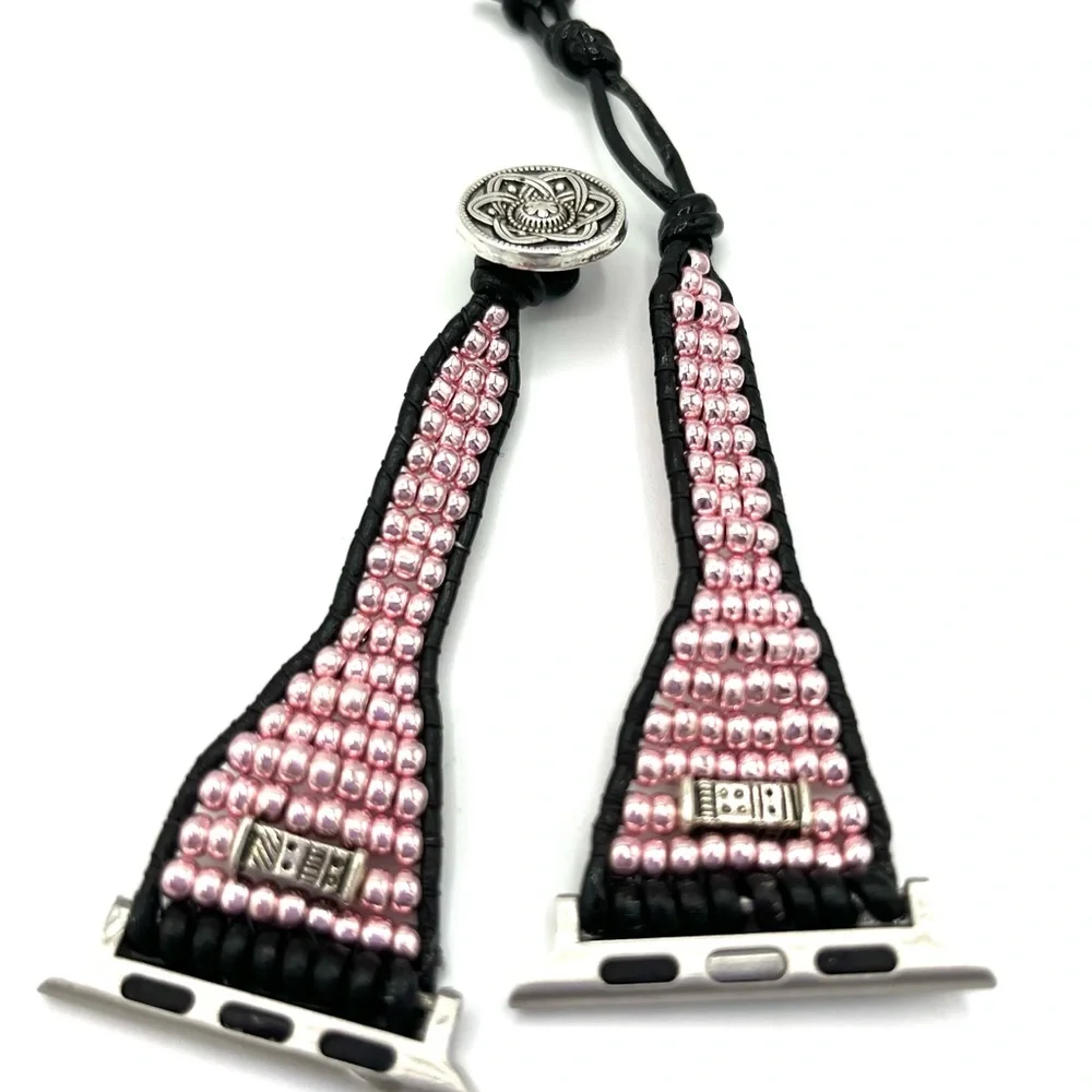HAND CRAFTED Pink Beaded Leather Apple Watch Strap - Picture 5 of 8